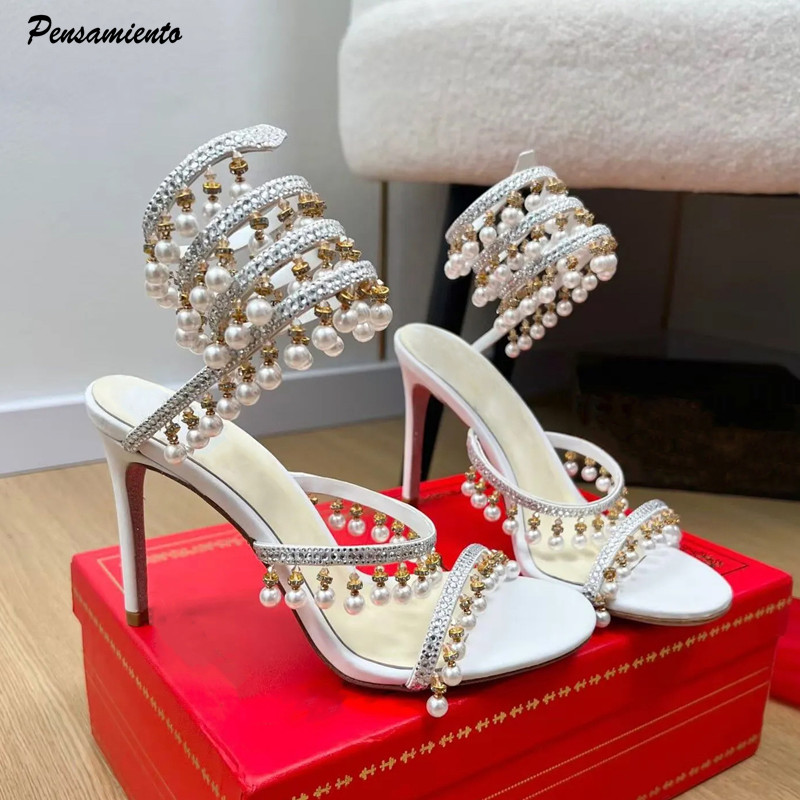 Wedding Fx - Lüks Rhinestones İnciler Püsküller Kadın Gladyatör